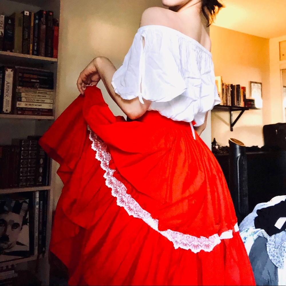 Red vintage skirt with white lace trim